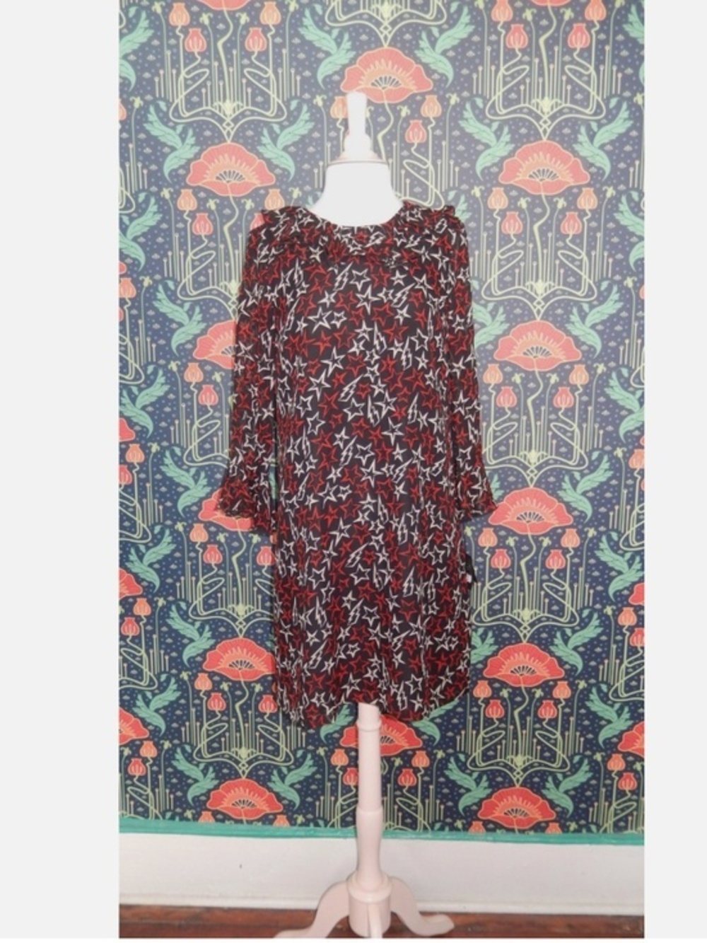 Anna Sui Black Star Lightning Bolt Print Silk Chiffon Deep V-Back Mini Dress 8